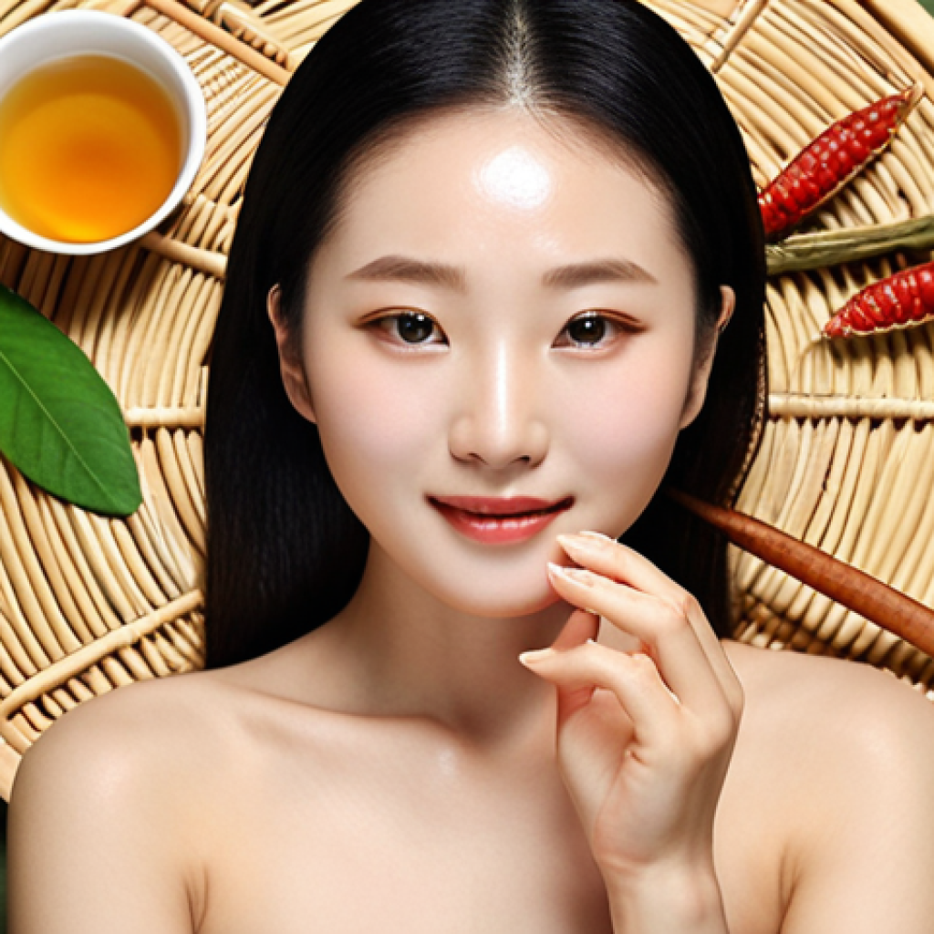 **

A radiant woman with glowing skin, showcasing the "Hanbang" skincare routine. Focus on the healthy, vibrant complexion achieved through traditional Korean herbal ingredients. Include elements like ginseng, green tea, and honey in the background, suggesting natural beauty and nourishment from within.

**