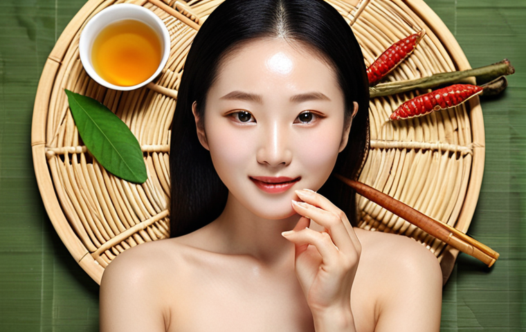 **
A radiant woman with glowing skin, showcasing the "Hanbang" skincare routine. Focus on the healthy, vibrant complexion achieved through traditional Korean herbal ingredients. Include elements like ginseng, green tea, and honey in the background, suggesting natural beauty and nourishment from within.
**