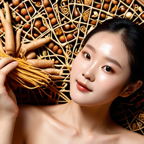 **Prompt:** A serene portrait of a person with naturally glowing, luminous skin, embodying holistic beauty. They are surrounded by artfully arranged Hanbang ingredients: vibrant ginseng roots, intricate reishi mushrooms, golden honey, and delicate dried herbs. The backdrop subtly blends traditional Korean aesthetics with clean, modern design, evoking a sense of ancient wisdom meeting contemporary elegance. Soft, diffused natural light illuminates the scene, highlighting the skin's healthy texture and the rich, earthy colors of the ingredients. High detail, harmonious composition, tranquil atmosphere.