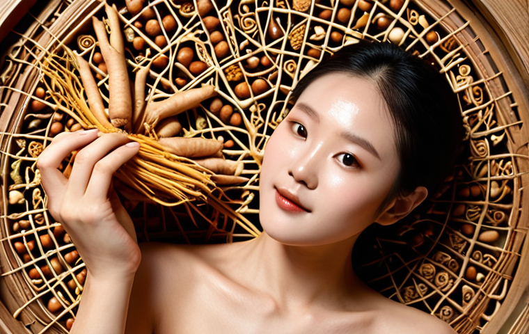 **Prompt:** A serene portrait of a person with naturally glowing, luminous skin, embodying holistic beauty. They are surrounded by artfully arranged Hanbang ingredients: vibrant ginseng roots, intricate reishi mushrooms, golden honey, and delicate dried herbs. The backdrop subtly blends traditional Korean aesthetics with clean, modern design, evoking a sense of ancient wisdom meeting contemporary elegance. Soft, diffused natural light illuminates the scene, highlighting the skin's healthy texture and the rich, earthy colors of the ingredients. High detail, harmonious composition, tranquil atmosphere.