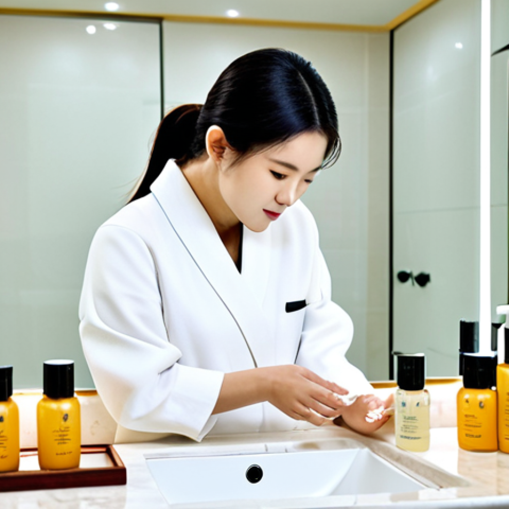 **
A fully clothed woman with perfect anatomy and natural proportions is applying Hanbang skincare products (like Sulwhasoo or History of Whoo) in a bright, clean bathroom. She has clear, healthy skin. The background shows luxury skincare bottles and a modern vanity. Safe for work, appropriate content, professional, modest, family-friendly, well-formed hands, proper finger count.
**