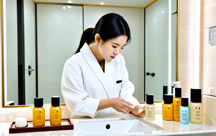 **
A fully clothed woman with perfect anatomy and natural proportions is applying Hanbang skincare products (like Sulwhasoo or History of Whoo) in a bright, clean bathroom. She has clear, healthy skin. The background shows luxury skincare bottles and a modern vanity. Safe for work, appropriate content, professional, modest, family-friendly, well-formed hands, proper finger count.
**