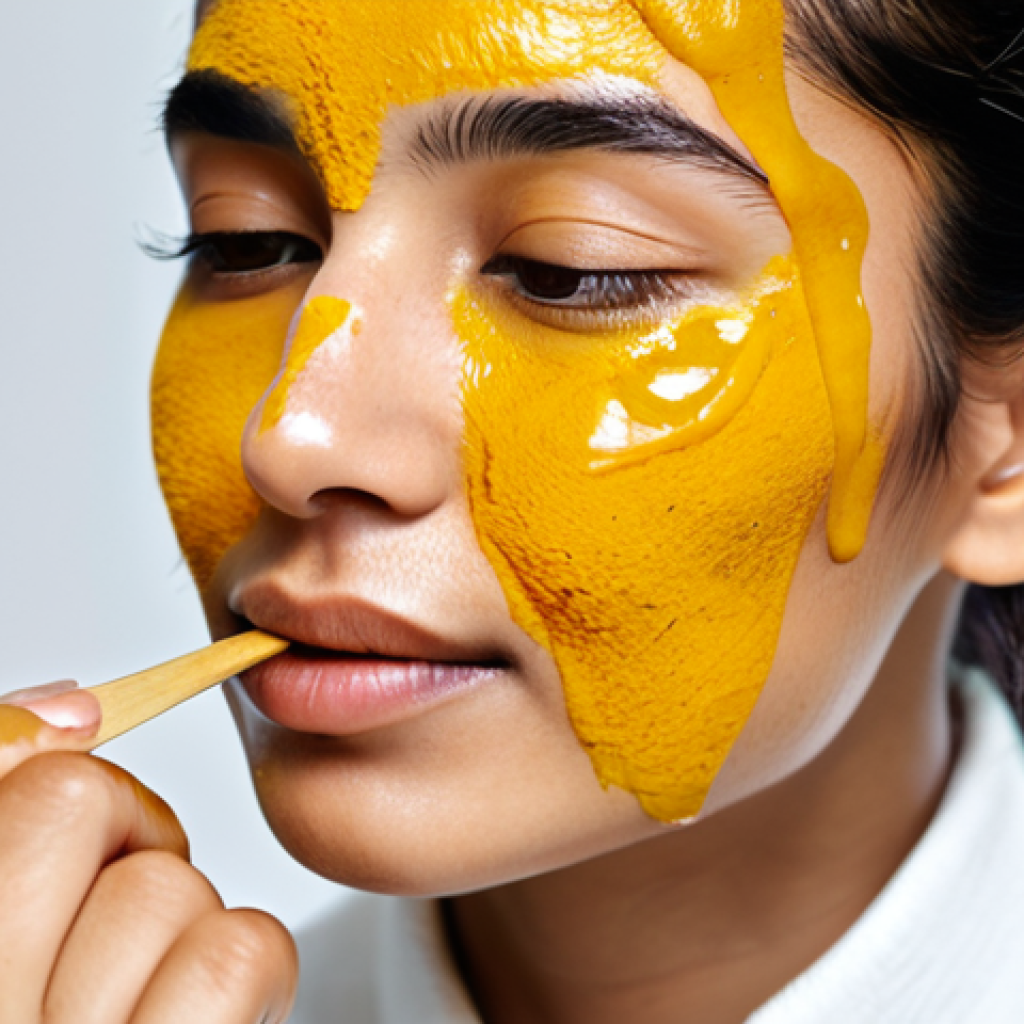 **
A serene close-up of a woman's face, showcasing clear skin with a subtle, natural glow. She's applying a turmeric and honey mask, with the golden paste gently spread on her cheek. Focus on the nourishing texture of the mask and the healthy radiance of her skin. Fully clothed, modest attire, appropriate content, safe for work, professional, perfect anatomy, natural proportions.
**