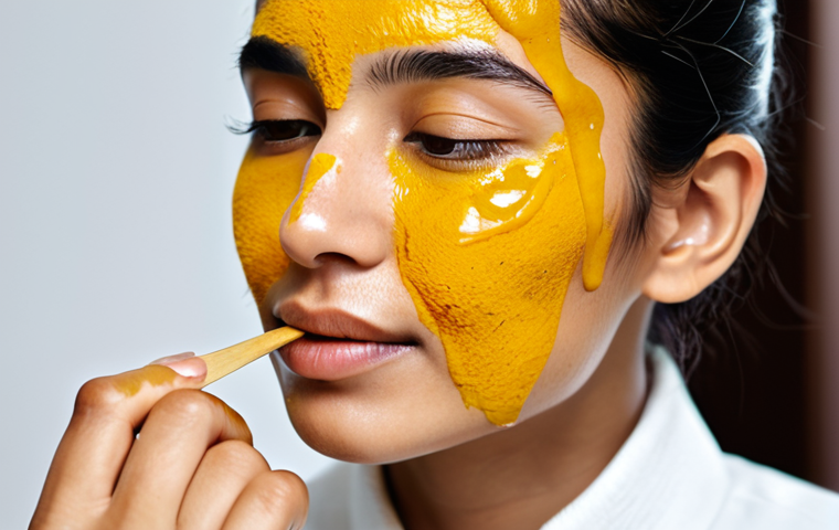 **

A serene close-up of a woman's face, showcasing clear skin with a subtle, natural glow. She's applying a turmeric and honey mask, with the golden paste gently spread on her cheek. Focus on the nourishing texture of the mask and the healthy radiance of her skin. Fully clothed, modest attire, appropriate content, safe for work, professional, perfect anatomy, natural proportions.

**