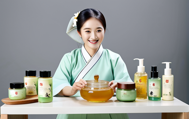 **

A professional woman with clear skin, smiling gently, fully clothed in modest, stylish Korean clothing (Hanbok inspired), surrounded by various Korean herbal cosmetic products (ginseng cream, green tea toner, honey mask, shea butter lotion) on a clean vanity table, soft studio lighting, safe for work, appropriate content, professional, perfect anatomy, natural proportions, well-formed hands.

**