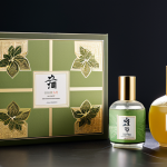 Home 12 A beautifully packaged Hanbang cosmetic set with traditional Korean designs, showcasing ginseng and green tea ingredients. The packaging is eco-friendly with recycled materials, placed on a clean, well-lit surface. Product photography, high quality, safe for work, appropriate content, fully clothed, professional, modest.