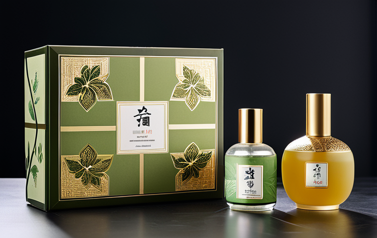 A beautifully packaged Hanbang cosmetic set with traditional Korean designs, showcasing ginseng and green tea ingredients. The packaging is eco-friendly with recycled materials, placed on a clean, well-lit surface. Product photography, high quality, safe for work, appropriate content, fully clothed, professional, modest.