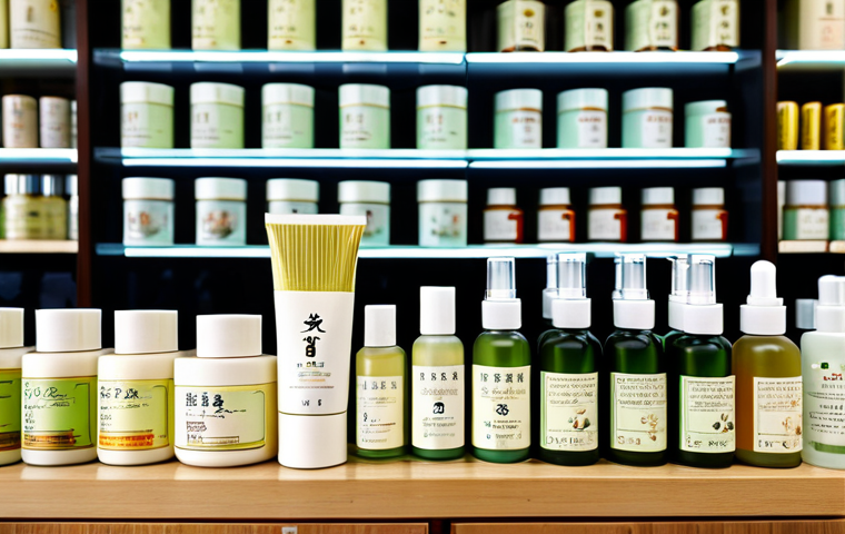 한방 화장품으로 피부 진정하기 - **Hanbang Cosmetic Product Display:** A beautifully arranged display of Hanbang cosmetic products (c...
