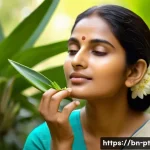 한방 화장품과 천연 화장품의 차이점 - A serene skincare scene featuring a Bengali woman gently applying natural coconut oil and aloe vera ...