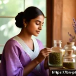 한방 화장품으로 스트레스 해소하기 - A serene scene depicting a young Bengali woman gently applying a herbal serum enriched with green te...