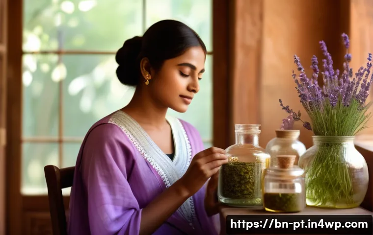 한방 화장품으로 스트레스 해소하기 - A serene scene depicting a young Bengali woman gently applying a herbal serum enriched with green te...