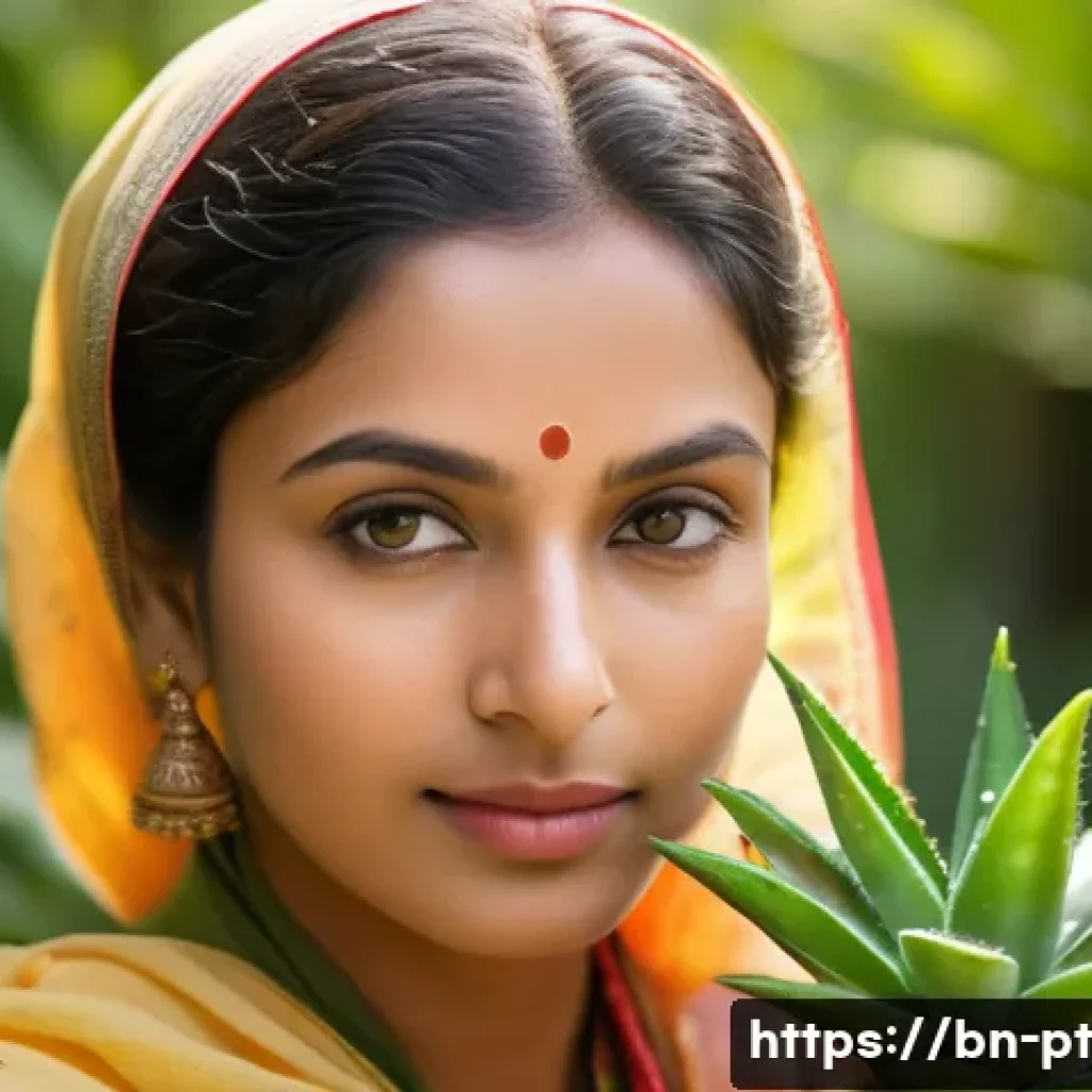한방 화장품으로 피부 광채 높이기 - A serene portrait of a Bengali woman with glowing, smooth skin, gently applying a natural herbal ski...