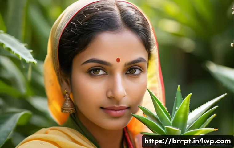 한방 화장품으로 피부 광채 높이기 - A serene portrait of a Bengali woman with glowing, smooth skin, gently applying a natural herbal ski...