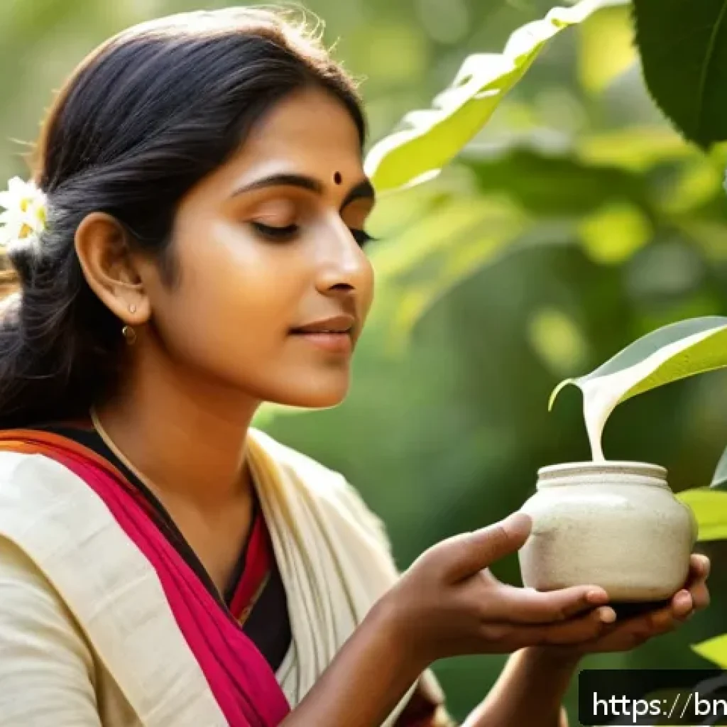 한방 화장품 브랜드 추천 - A serene, sunlit Bengali herbal garden featuring ancient medicinal plants like Ashwagandha, Neem lea...