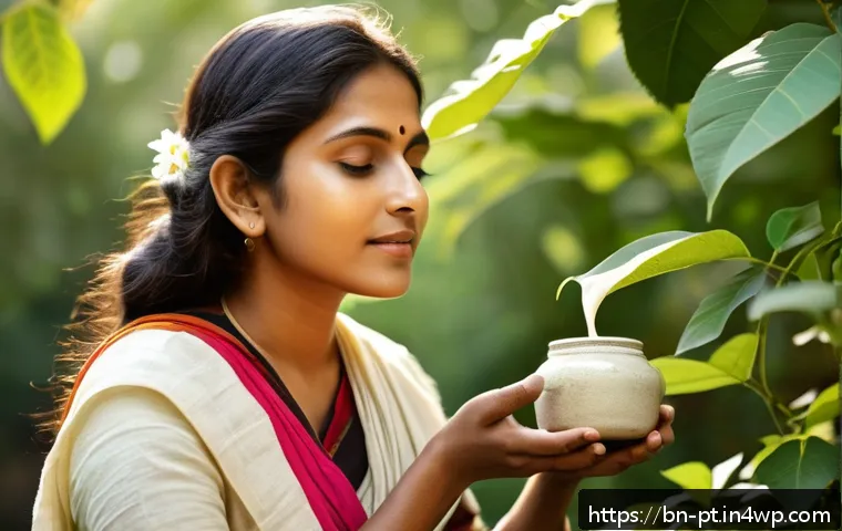 한방 화장품 브랜드 추천 - A serene, sunlit Bengali herbal garden featuring ancient medicinal plants like Ashwagandha, Neem lea...