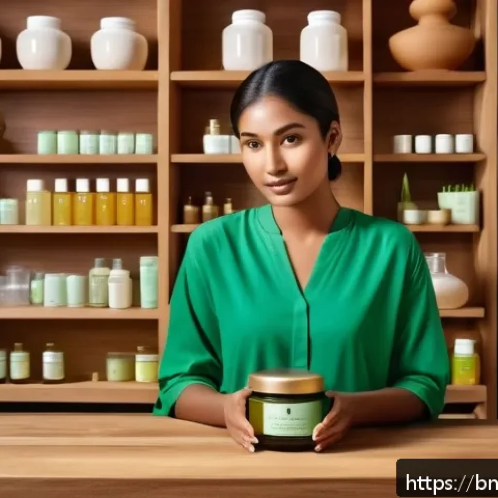 한방 화장품의 제조 과정 - A serene and natural skincare laboratory scene featuring a Bengali woman with glowing, hydrated skin...
