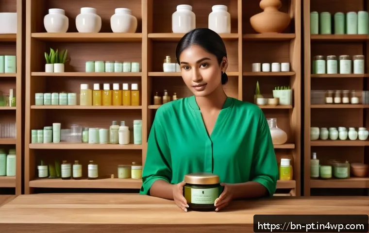 한방 화장품의 제조 과정 - A serene and natural skincare laboratory scene featuring a Bengali woman with glowing, hydrated skin...