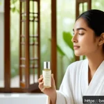 한방 화장품의 소비자 행동 분석 - A serene and elegant skincare scene featuring a young Bengali woman with smooth, glowing skin applyi...