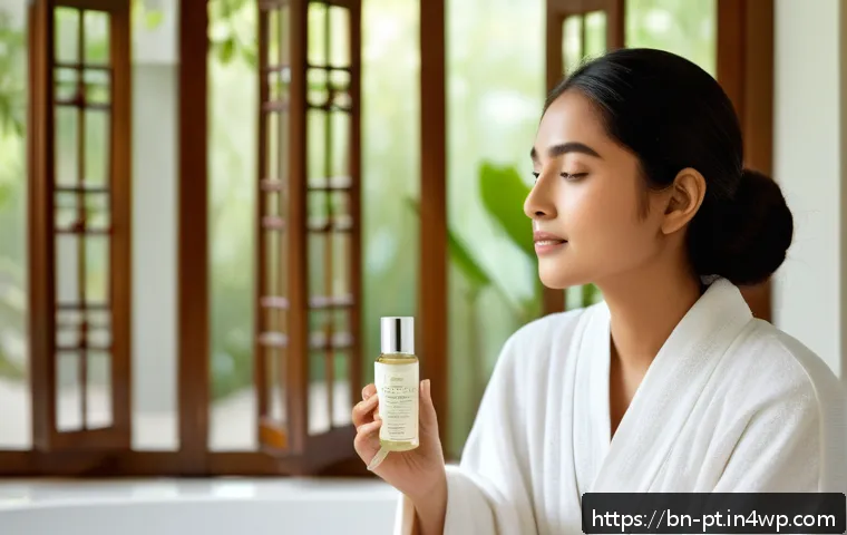 한방 화장품의 소비자 행동 분석 - A serene and elegant skincare scene featuring a young Bengali woman with smooth, glowing skin applyi...