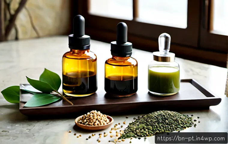 Home 17 한방 화장품의 속성과 특성 - Photorealistic luxury skincare still life featuring elegant glass jars and dropper bottles of Korean...