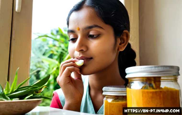 한방 화장품으로 여드름 예방하기 - Photorealistic close-up of a young Bengali woman with clear natural skin gently applying a small amo...